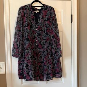LOFT Dark Blue Dress with Pink Leaf Pattern
